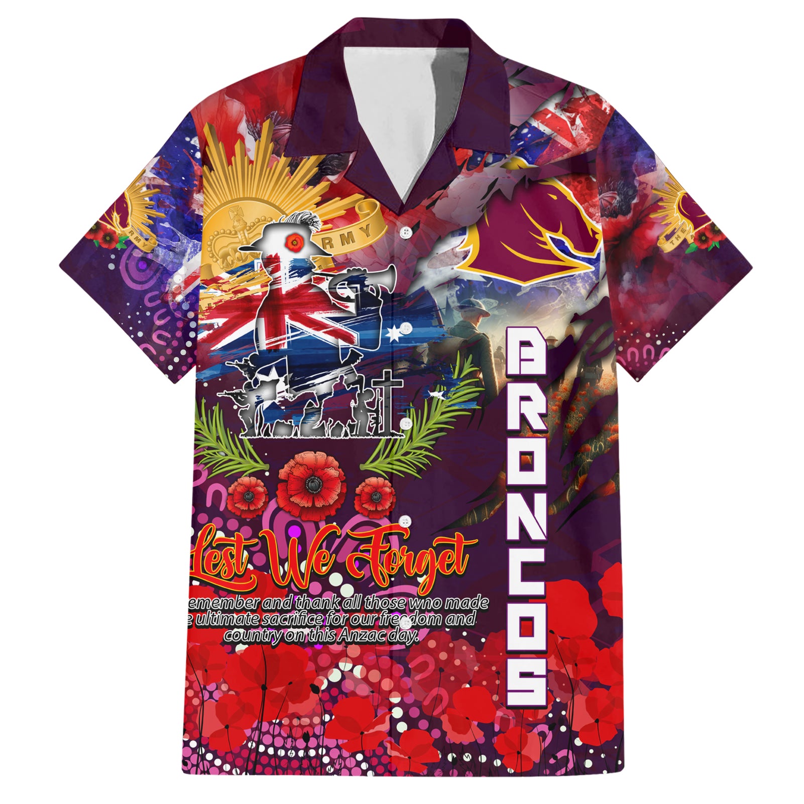 Personalised Australia Rugby Broncos ANZAC Hawaiian Shirt Brisbane Scratch Style - Vibe Hoodie Shop