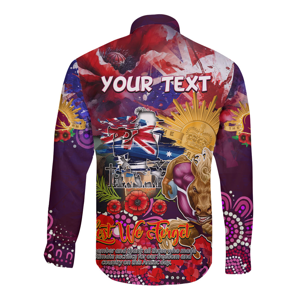 Personalised Australia Rugby Broncos ANZAC Long Sleeve Button Shirt Brisbane Scratch Style - Vibe Hoodie Shop