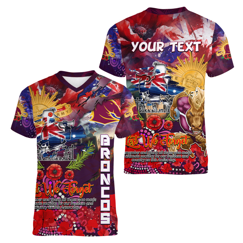 Personalised Australia Rugby Broncos ANZAC Women V Neck T Shirt Brisbane Scratch Style - Vibe Hoodie Shop
