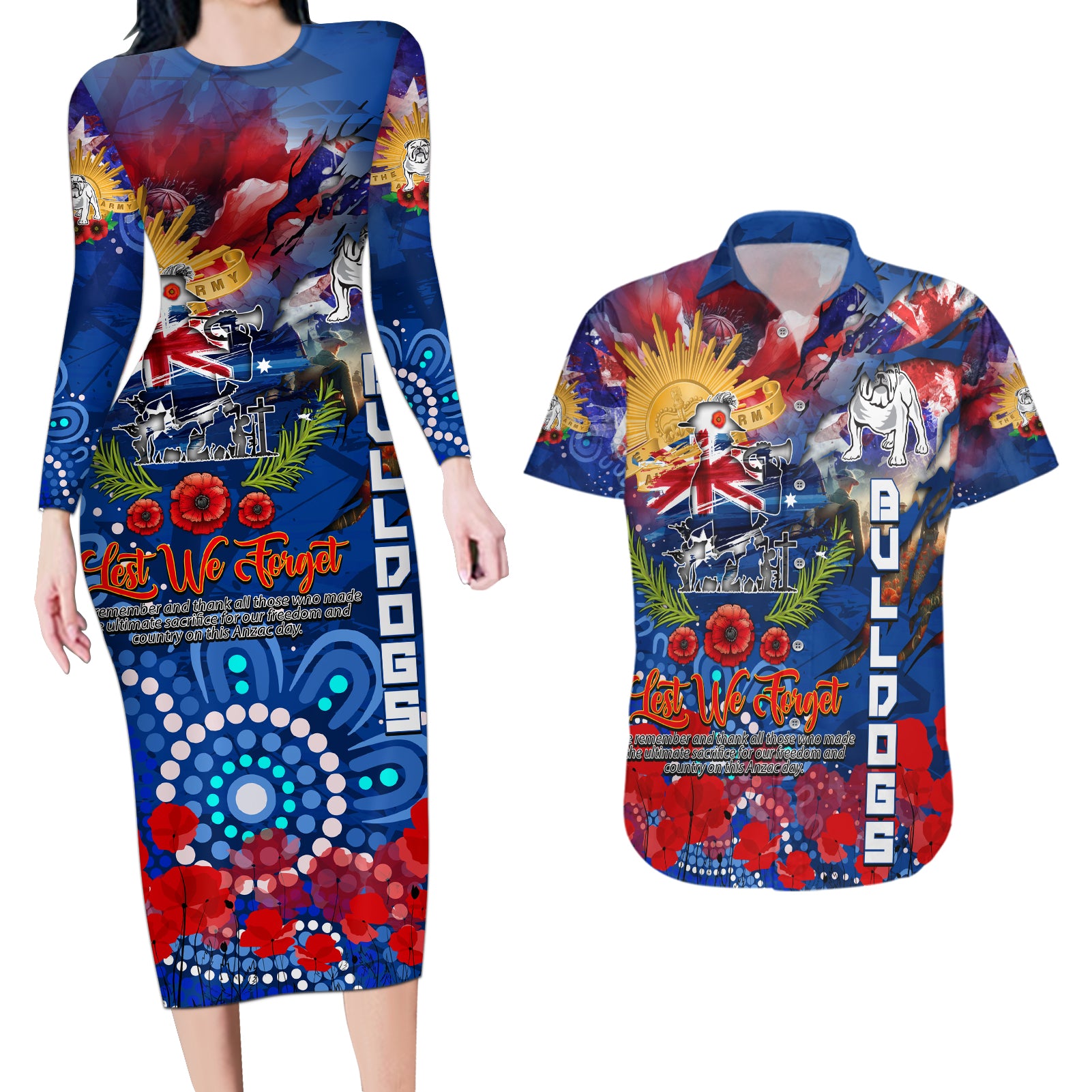 Personalised Australia Rugby Bulldogs ANZAC Couples Matching Long Sleeve Bodycon Dress and Hawaiian Shirt Canterbury-Bankstown Scratch Style
