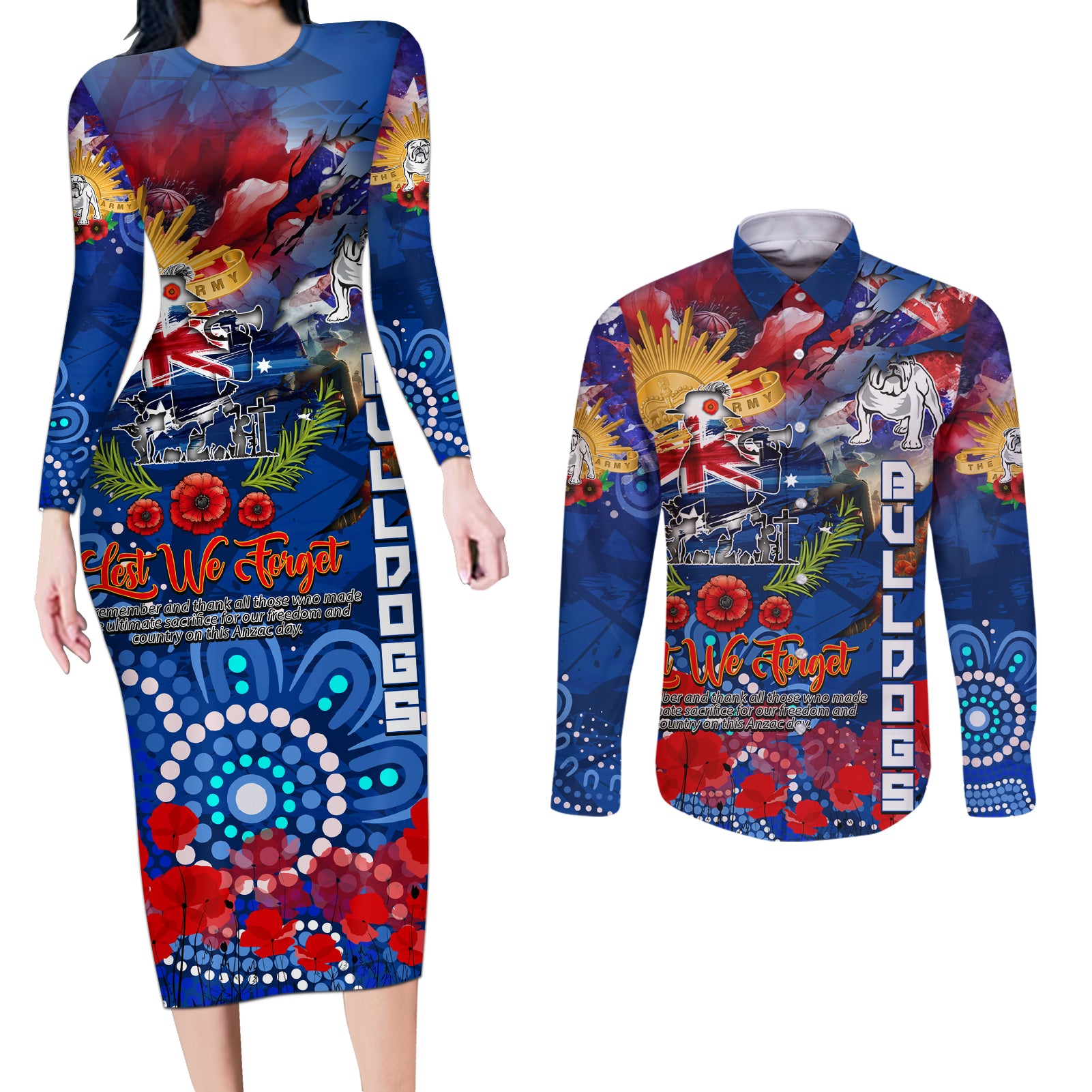 Personalised Australia Rugby Bulldogs ANZAC Couples Matching Long Sleeve Bodycon Dress and Long Sleeve Button Shirt Canterbury-Bankstown Scratch Style