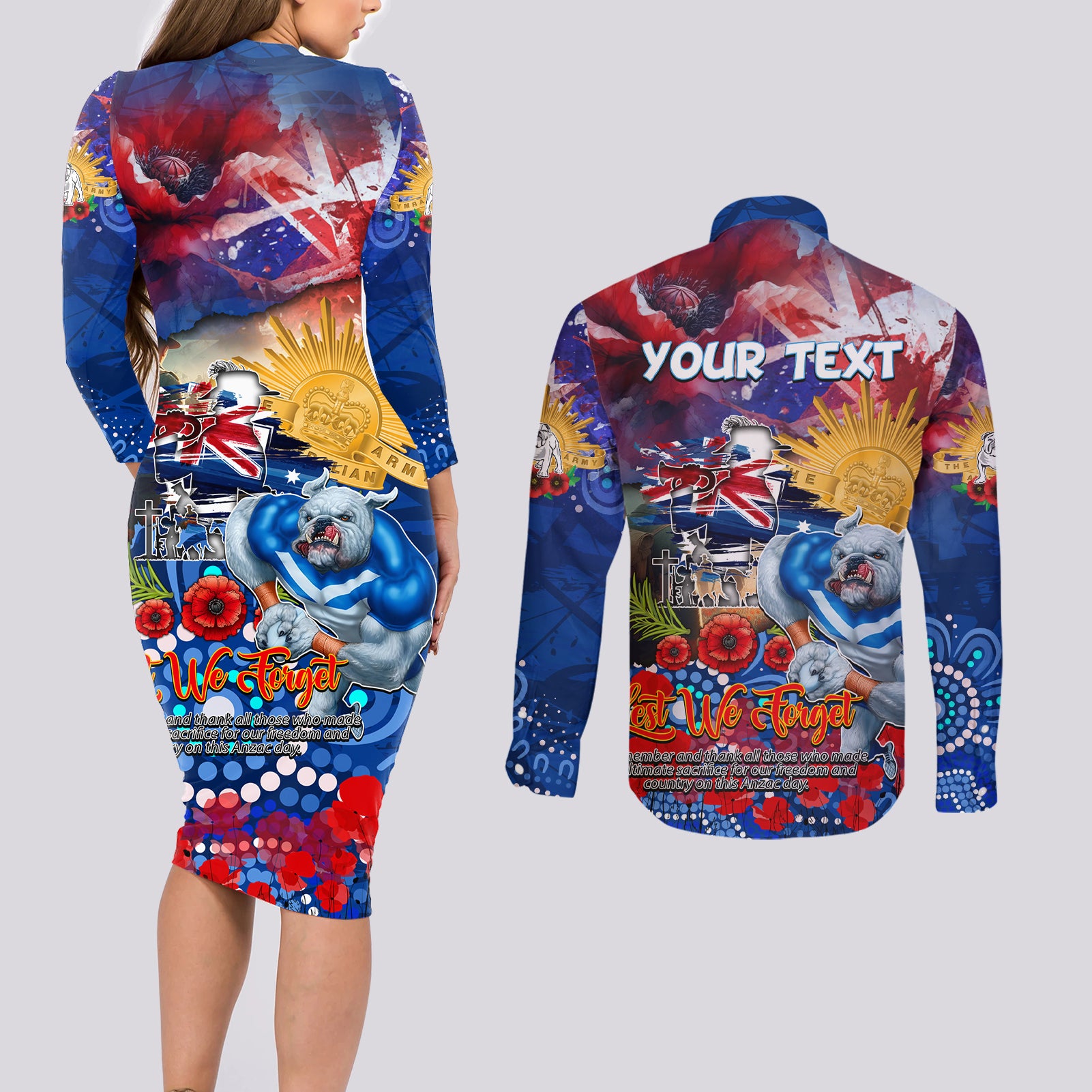 Personalised Australia Rugby Bulldogs ANZAC Couples Matching Long Sleeve Bodycon Dress and Long Sleeve Button Shirt Canterbury-Bankstown Scratch Style
