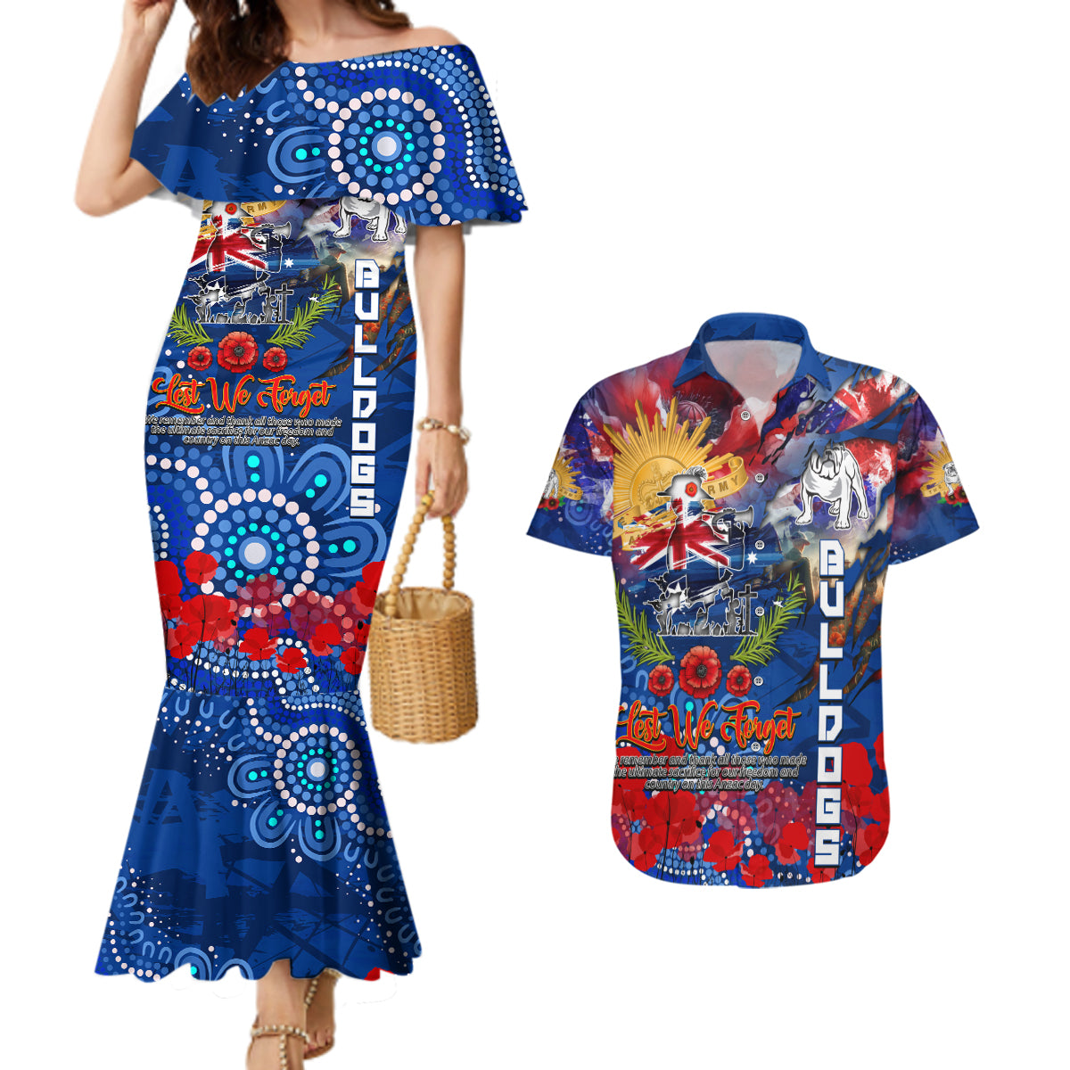 Personalised Australia Rugby Bulldogs ANZAC Couples Matching Mermaid Dress and Hawaiian Shirt Canterbury-Bankstown Scratch Style