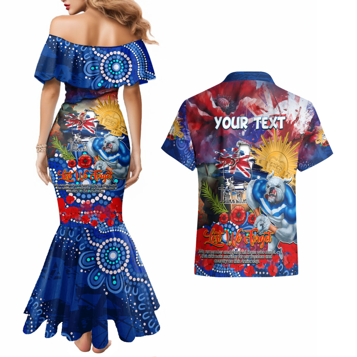 Personalised Australia Rugby Bulldogs ANZAC Couples Matching Mermaid Dress and Hawaiian Shirt Canterbury-Bankstown Scratch Style