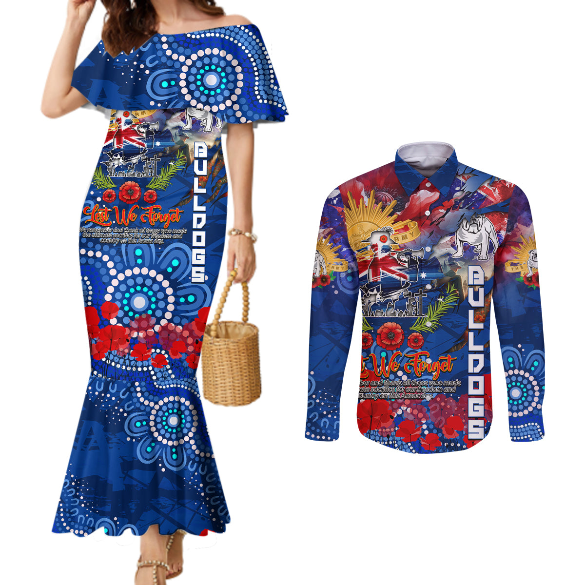 Personalised Australia Rugby Bulldogs ANZAC Couples Matching Mermaid Dress and Long Sleeve Button Shirt Canterbury-Bankstown Scratch Style