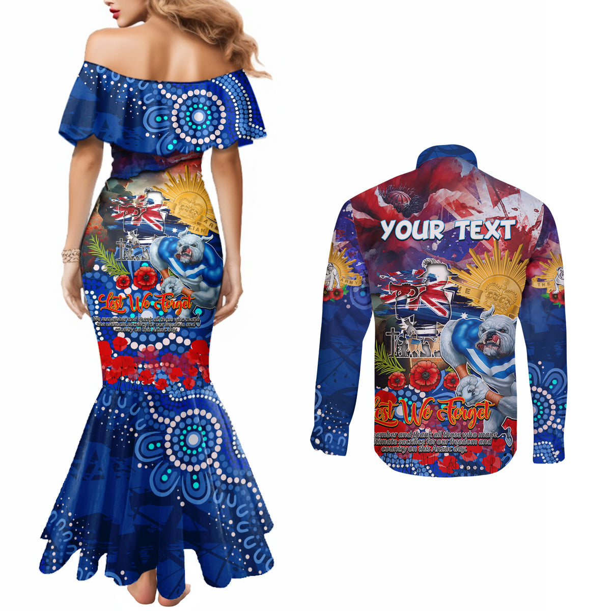 Personalised Australia Rugby Bulldogs ANZAC Couples Matching Mermaid Dress and Long Sleeve Button Shirt Canterbury-Bankstown Scratch Style