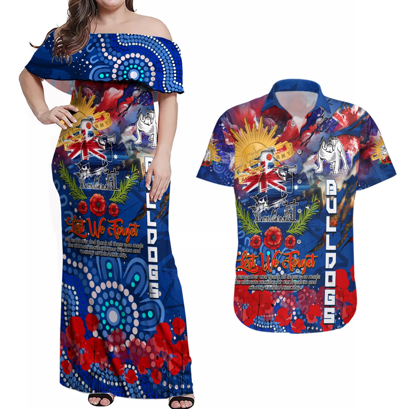 Personalised Australia Rugby Bulldogs ANZAC Couples Matching Off Shoulder Maxi Dress and Hawaiian Shirt Canterbury-Bankstown Scratch Style