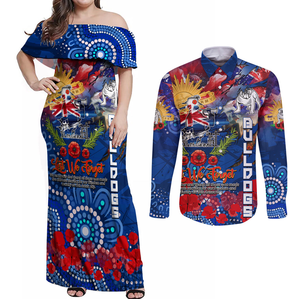 Personalised Australia Rugby Bulldogs ANZAC Couples Matching Off Shoulder Maxi Dress and Long Sleeve Button Shirt Canterbury-Bankstown Scratch Style