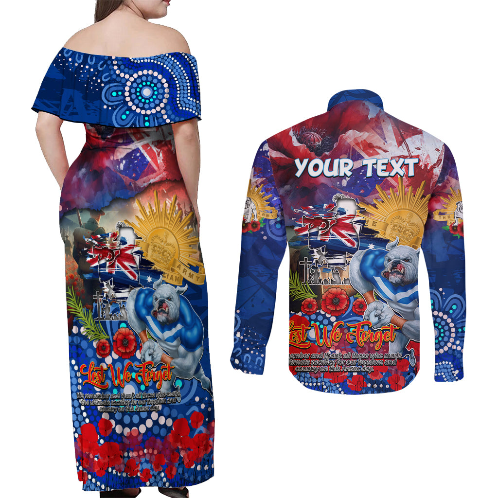 Personalised Australia Rugby Bulldogs ANZAC Couples Matching Off Shoulder Maxi Dress and Long Sleeve Button Shirt Canterbury-Bankstown Scratch Style