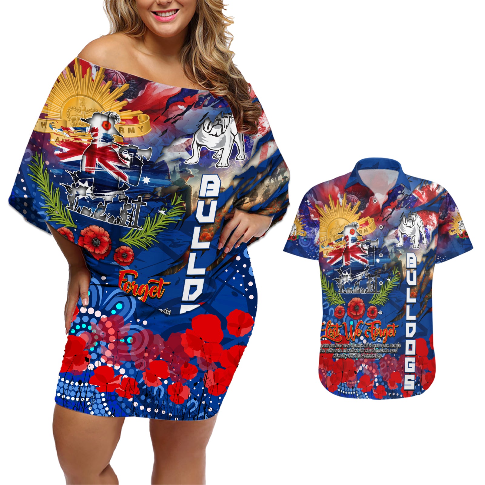 Personalised Australia Rugby Bulldogs ANZAC Couples Matching Off Shoulder Short Dress and Hawaiian Shirt Canterbury-Bankstown Scratch Style