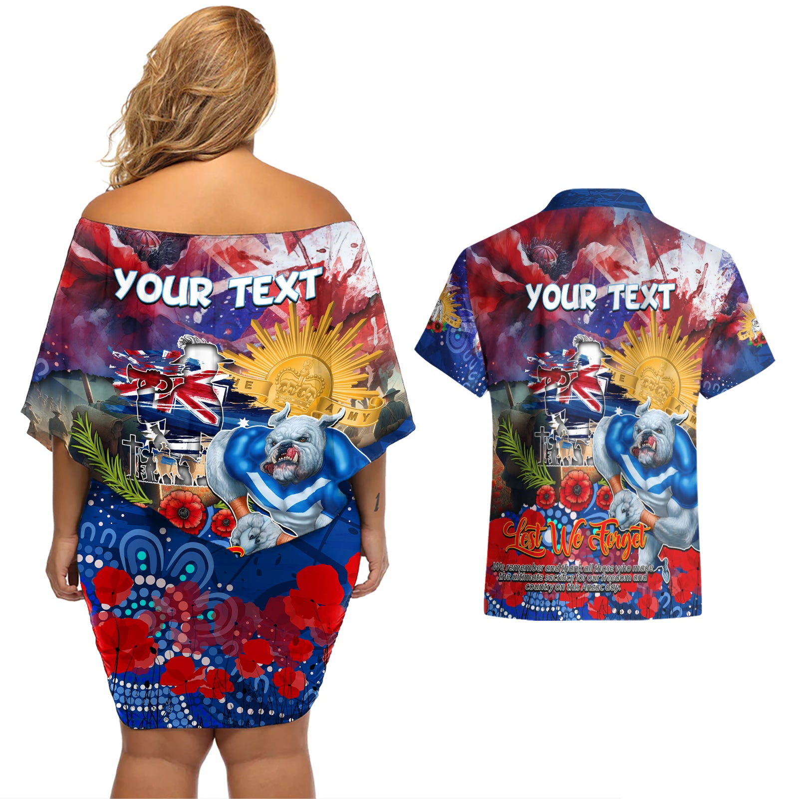 Personalised Australia Rugby Bulldogs ANZAC Couples Matching Off Shoulder Short Dress and Hawaiian Shirt Canterbury-Bankstown Scratch Style