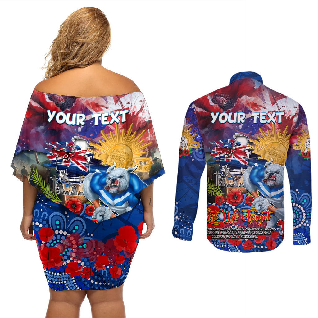 Personalised Australia Rugby Bulldogs ANZAC Couples Matching Off Shoulder Short Dress and Long Sleeve Button Shirt Canterbury-Bankstown Scratch Style