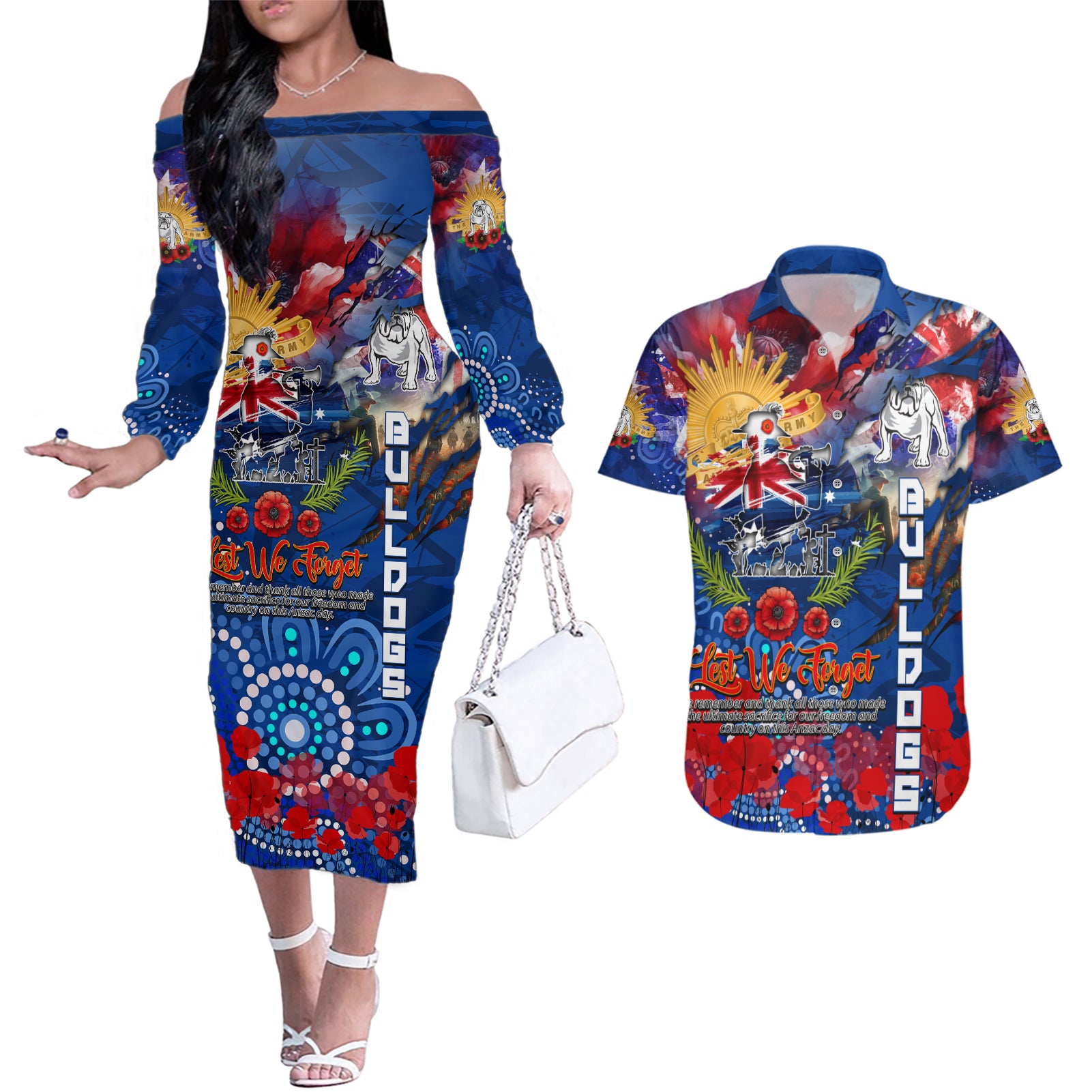 Personalised Australia Rugby Bulldogs ANZAC Couples Matching Off The Shoulder Long Sleeve Dress and Hawaiian Shirt Canterbury-Bankstown Scratch Style