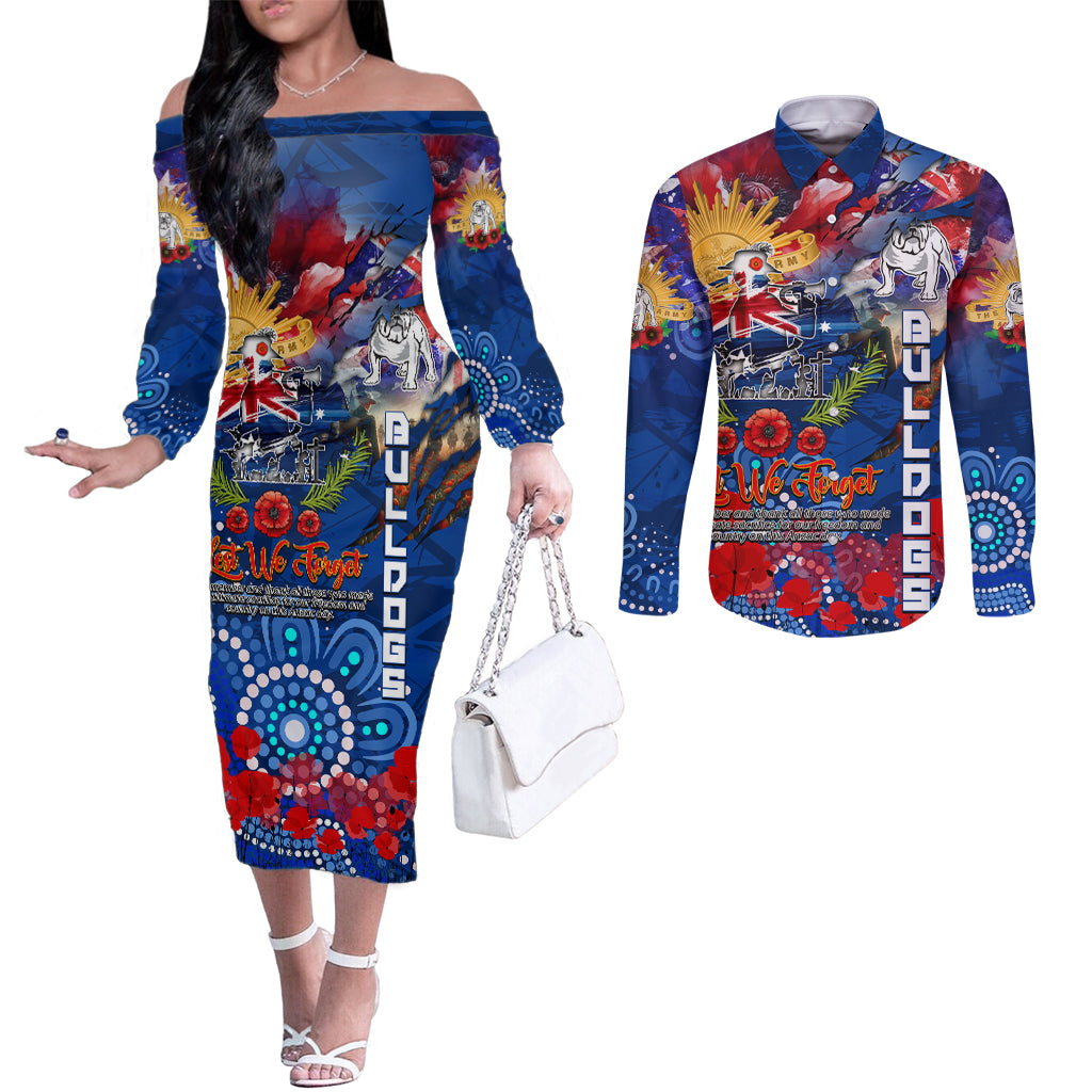 Personalised Australia Rugby Bulldogs ANZAC Couples Matching Off The Shoulder Long Sleeve Dress and Long Sleeve Button Shirt Canterbury-Bankstown Scratch Style