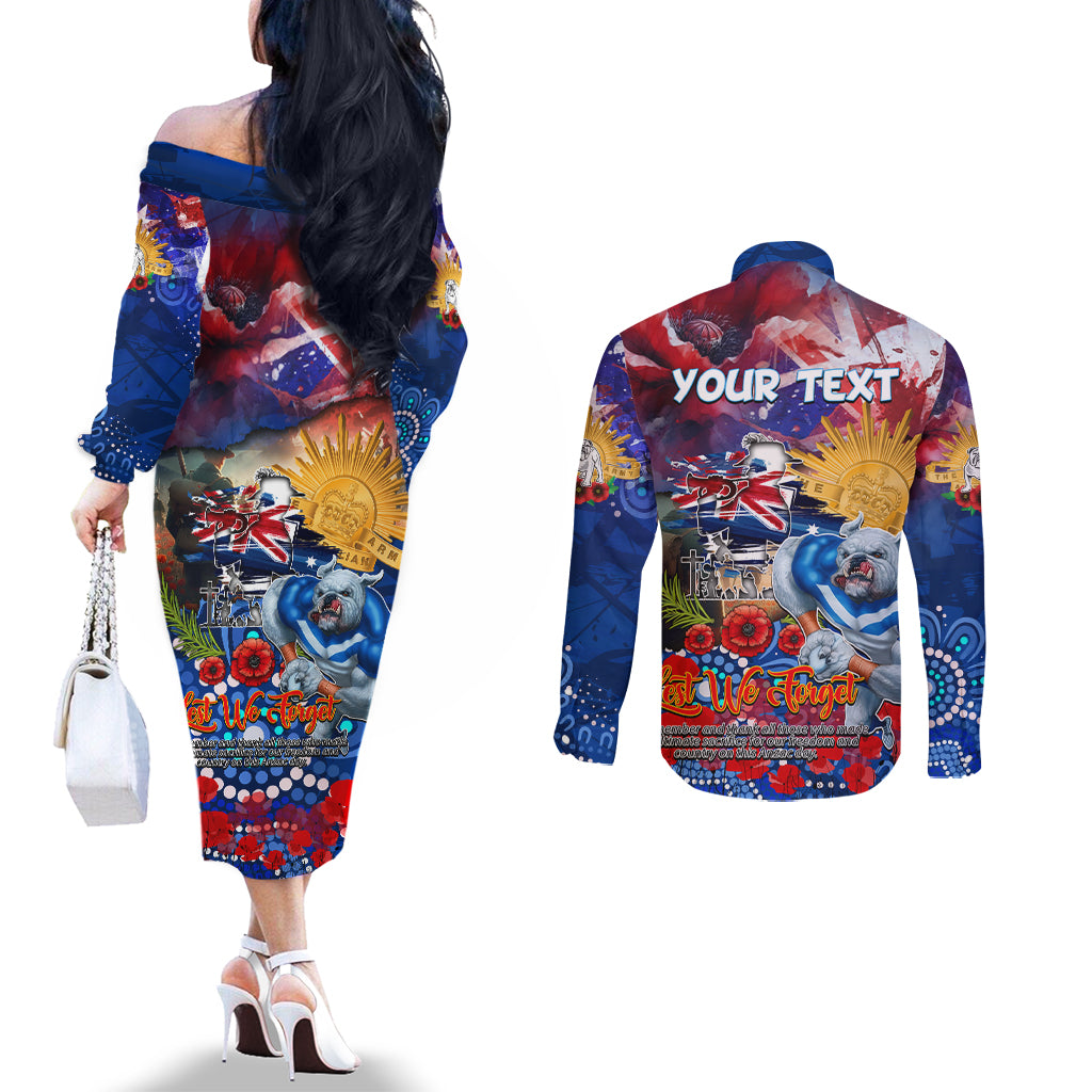 Personalised Australia Rugby Bulldogs ANZAC Couples Matching Off The Shoulder Long Sleeve Dress and Long Sleeve Button Shirt Canterbury-Bankstown Scratch Style