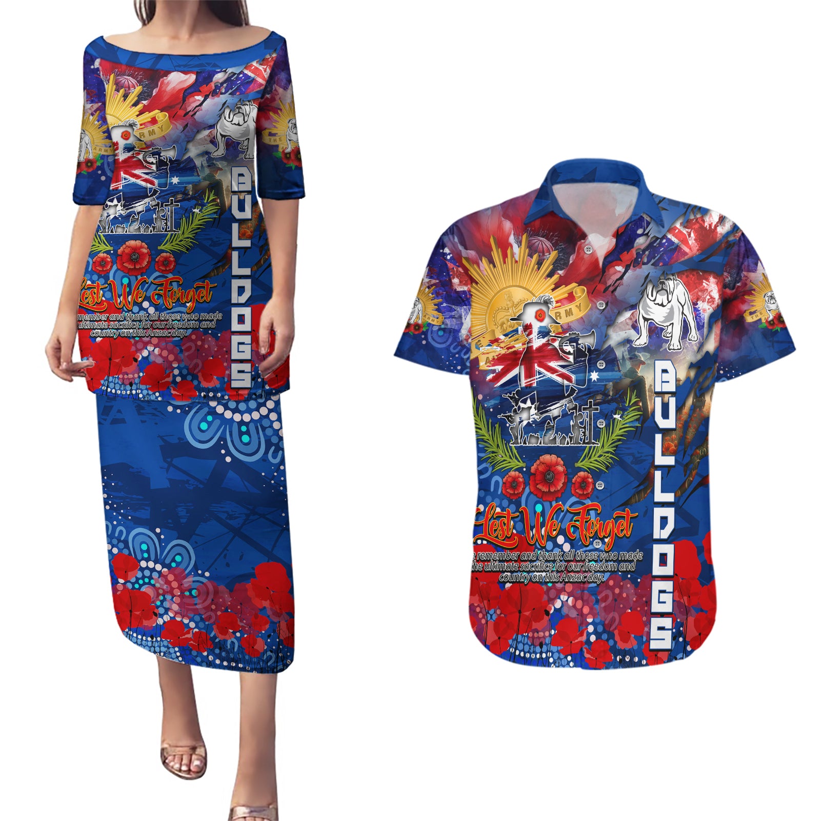 Personalised Australia Rugby Bulldogs ANZAC Couples Matching Puletasi and Hawaiian Shirt Canterbury-Bankstown Scratch Style