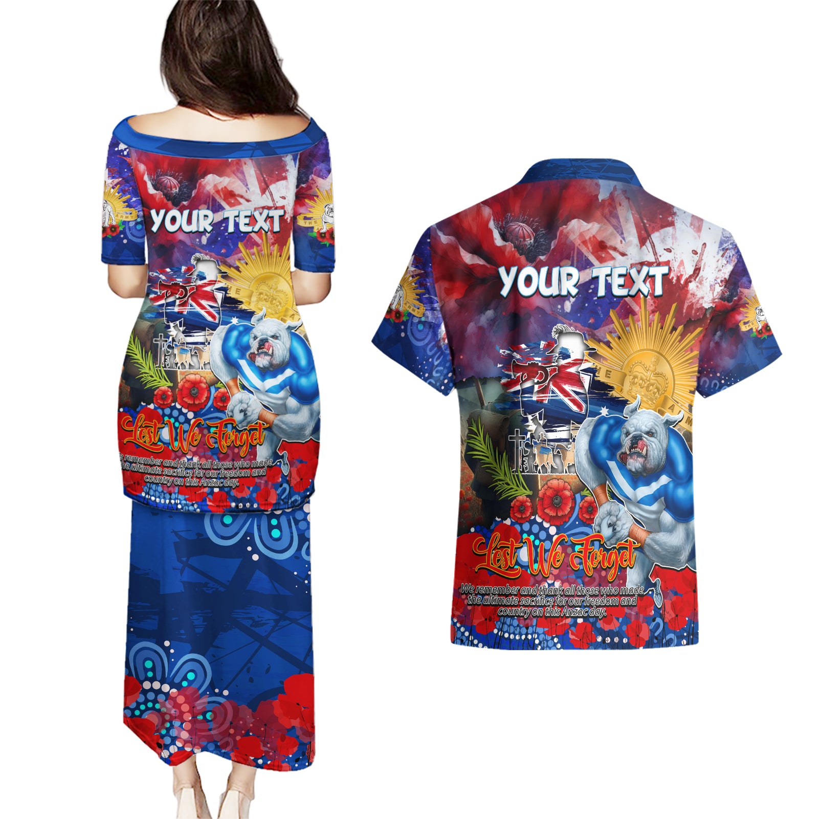 Personalised Australia Rugby Bulldogs ANZAC Couples Matching Puletasi and Hawaiian Shirt Canterbury-Bankstown Scratch Style