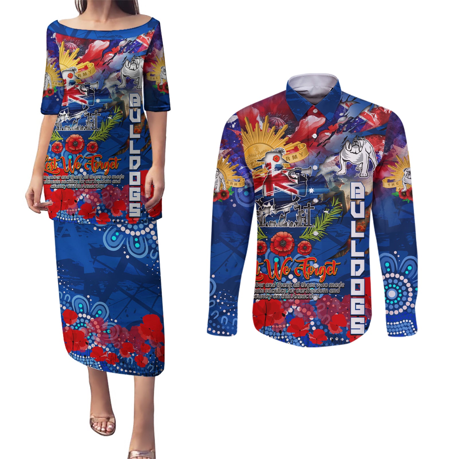 Personalised Australia Rugby Bulldogs ANZAC Couples Matching Puletasi and Long Sleeve Button Shirt Canterbury-Bankstown Scratch Style