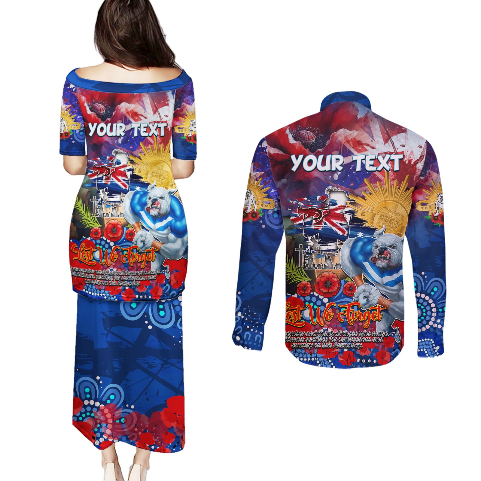 Personalised Australia Rugby Bulldogs ANZAC Couples Matching Puletasi and Long Sleeve Button Shirt Canterbury-Bankstown Scratch Style