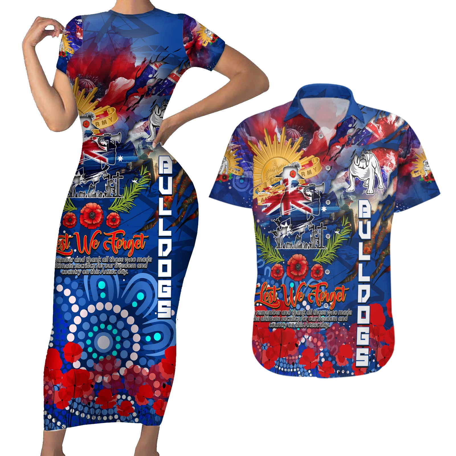 Personalised Australia Rugby Bulldogs ANZAC Couples Matching Short Sleeve Bodycon Dress and Hawaiian Shirt Canterbury-Bankstown Scratch Style