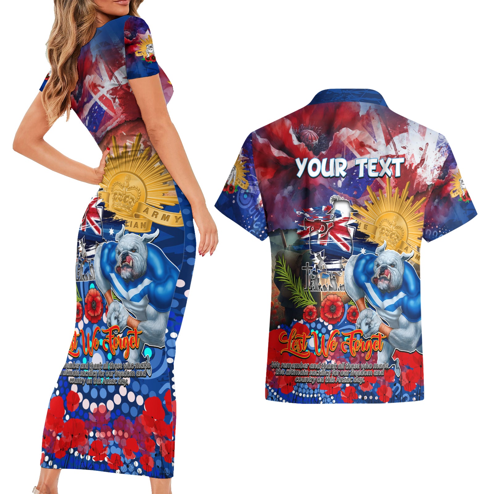 Personalised Australia Rugby Bulldogs ANZAC Couples Matching Short Sleeve Bodycon Dress and Hawaiian Shirt Canterbury-Bankstown Scratch Style
