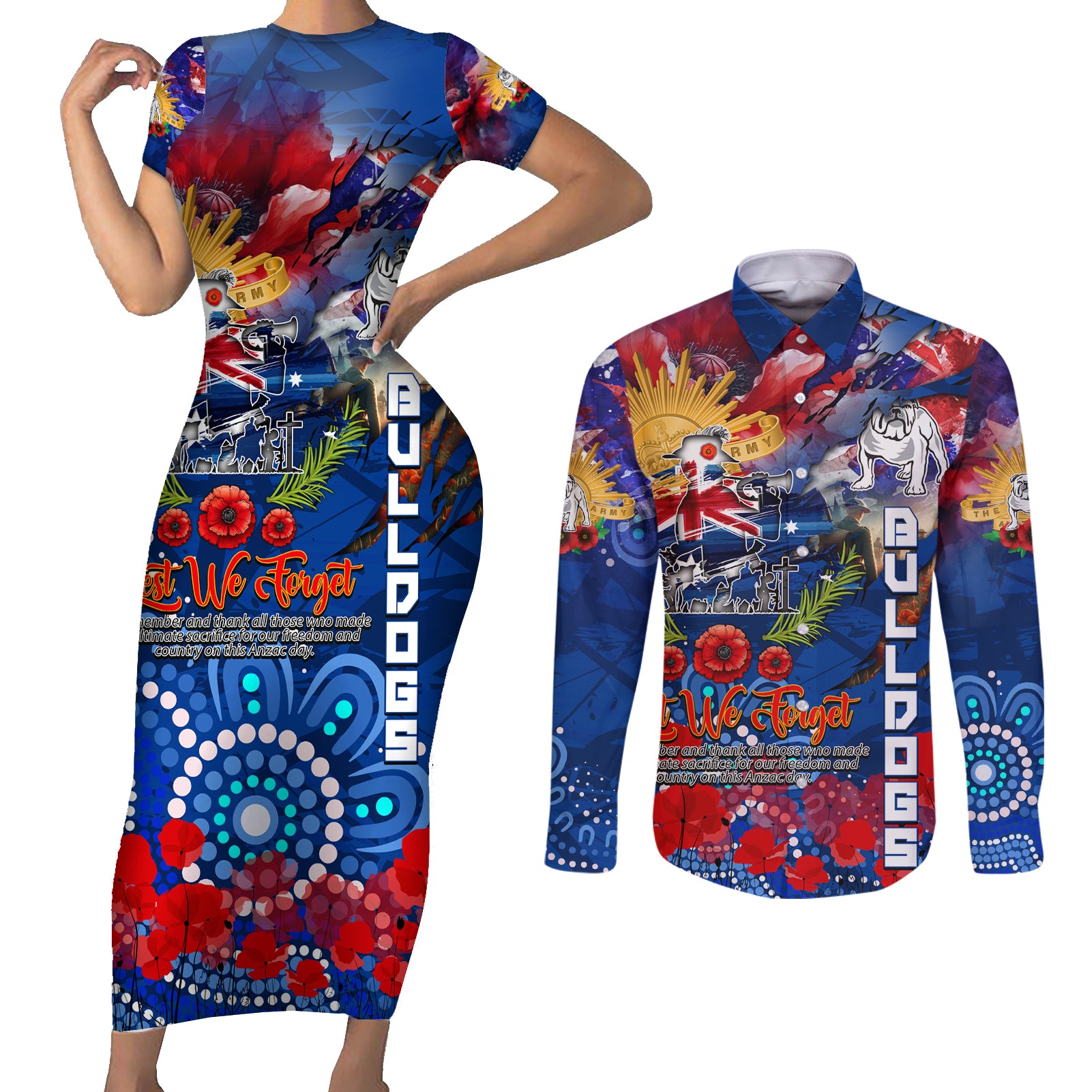 Personalised Australia Rugby Bulldogs ANZAC Couples Matching Short Sleeve Bodycon Dress and Long Sleeve Button Shirt Canterbury-Bankstown Scratch Style