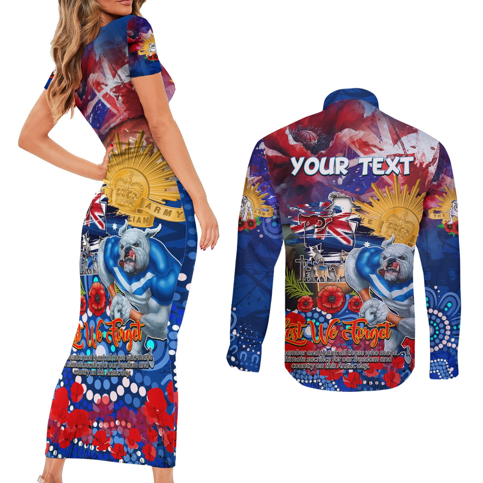 Personalised Australia Rugby Bulldogs ANZAC Couples Matching Short Sleeve Bodycon Dress and Long Sleeve Button Shirt Canterbury-Bankstown Scratch Style