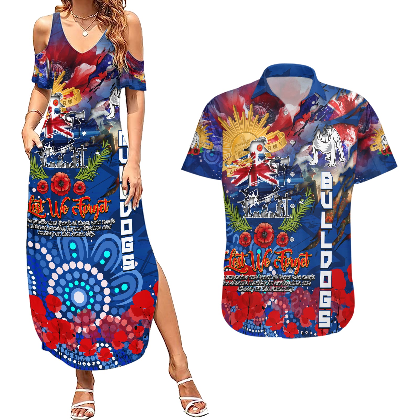 Personalised Australia Rugby Bulldogs ANZAC Couples Matching Summer Maxi Dress and Hawaiian Shirt Canterbury-Bankstown Scratch Style