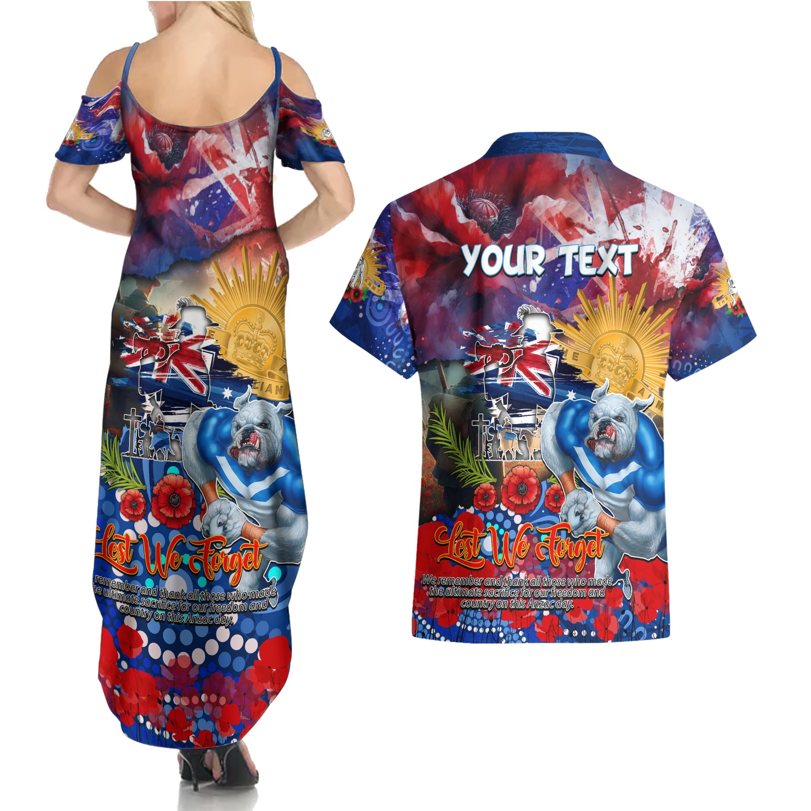 Personalised Australia Rugby Bulldogs ANZAC Couples Matching Summer Maxi Dress and Hawaiian Shirt Canterbury-Bankstown Scratch Style