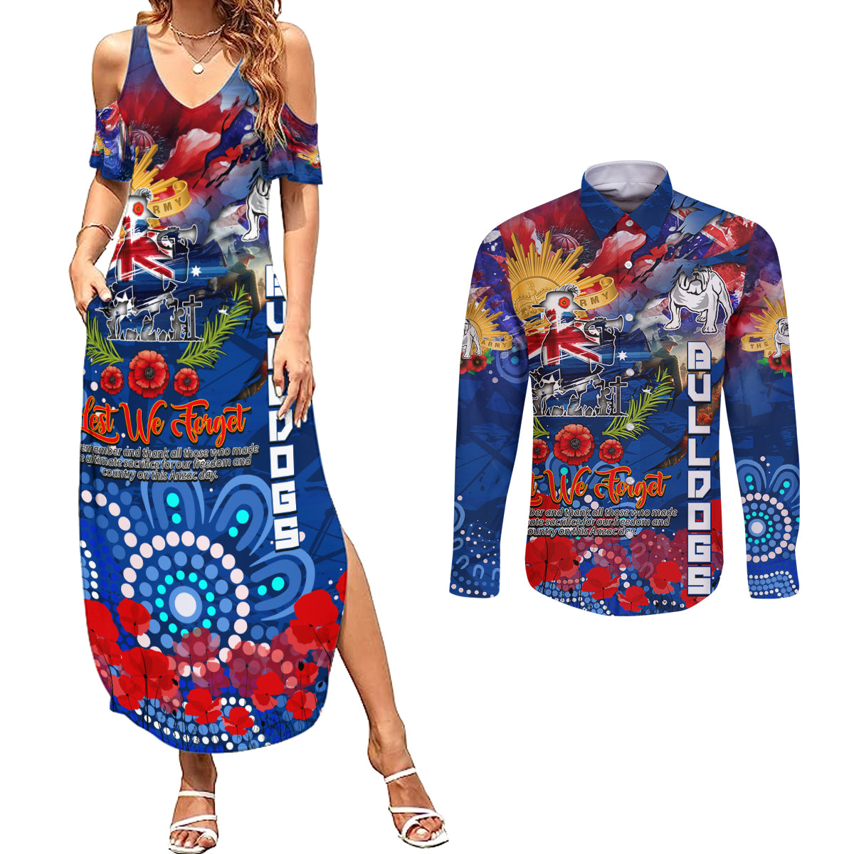 Personalised Australia Rugby Bulldogs ANZAC Couples Matching Summer Maxi Dress and Long Sleeve Button Shirt Canterbury-Bankstown Scratch Style