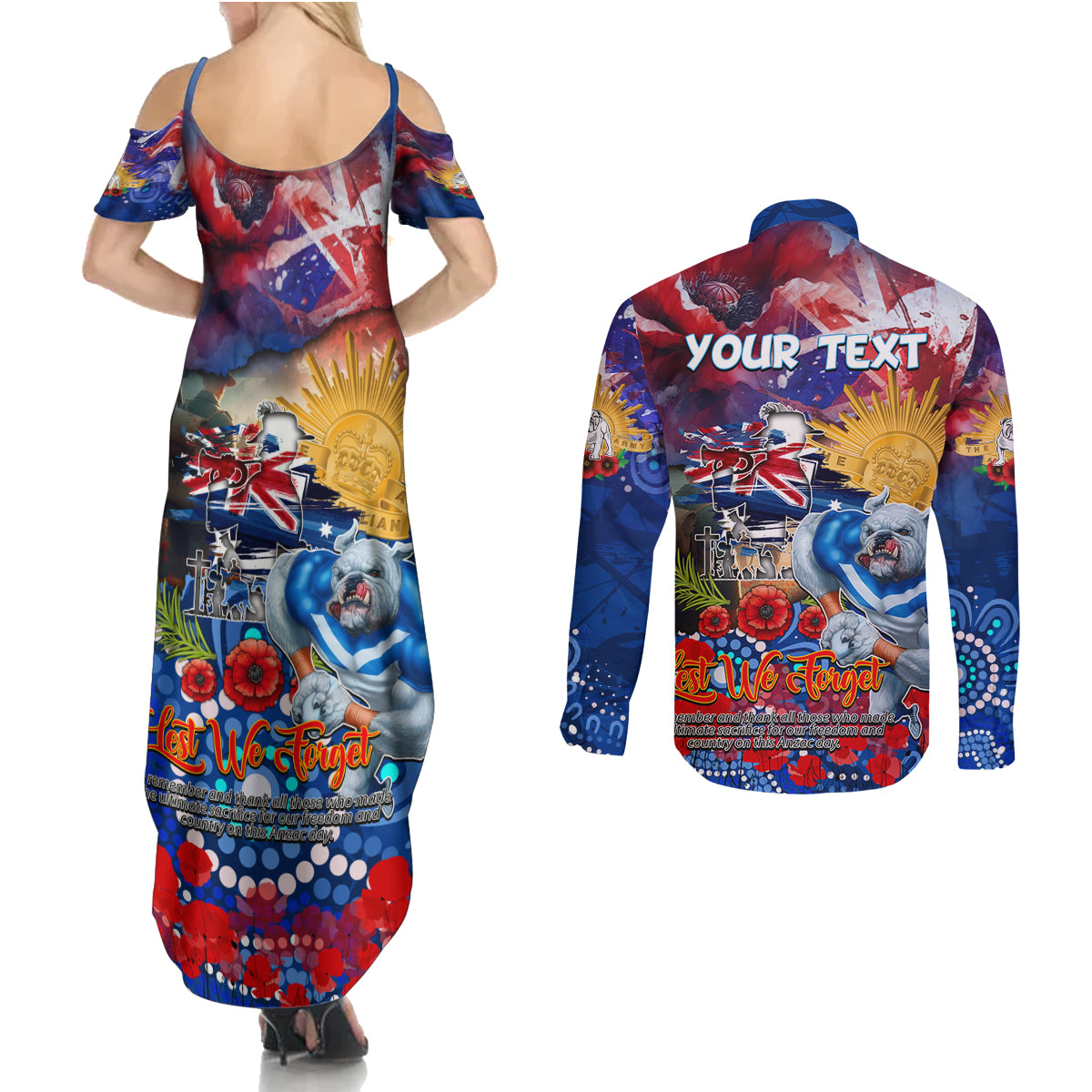 Personalised Australia Rugby Bulldogs ANZAC Couples Matching Summer Maxi Dress and Long Sleeve Button Shirt Canterbury-Bankstown Scratch Style