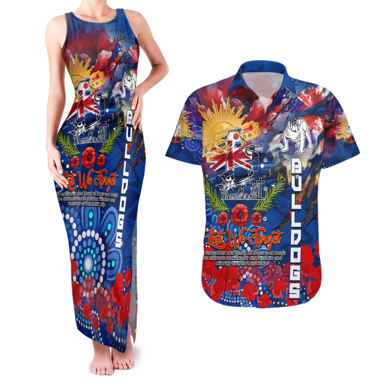 Personalised Australia Rugby Bulldogs ANZAC Couples Matching Tank Maxi Dress and Hawaiian Shirt Canterbury-Bankstown Scratch Style