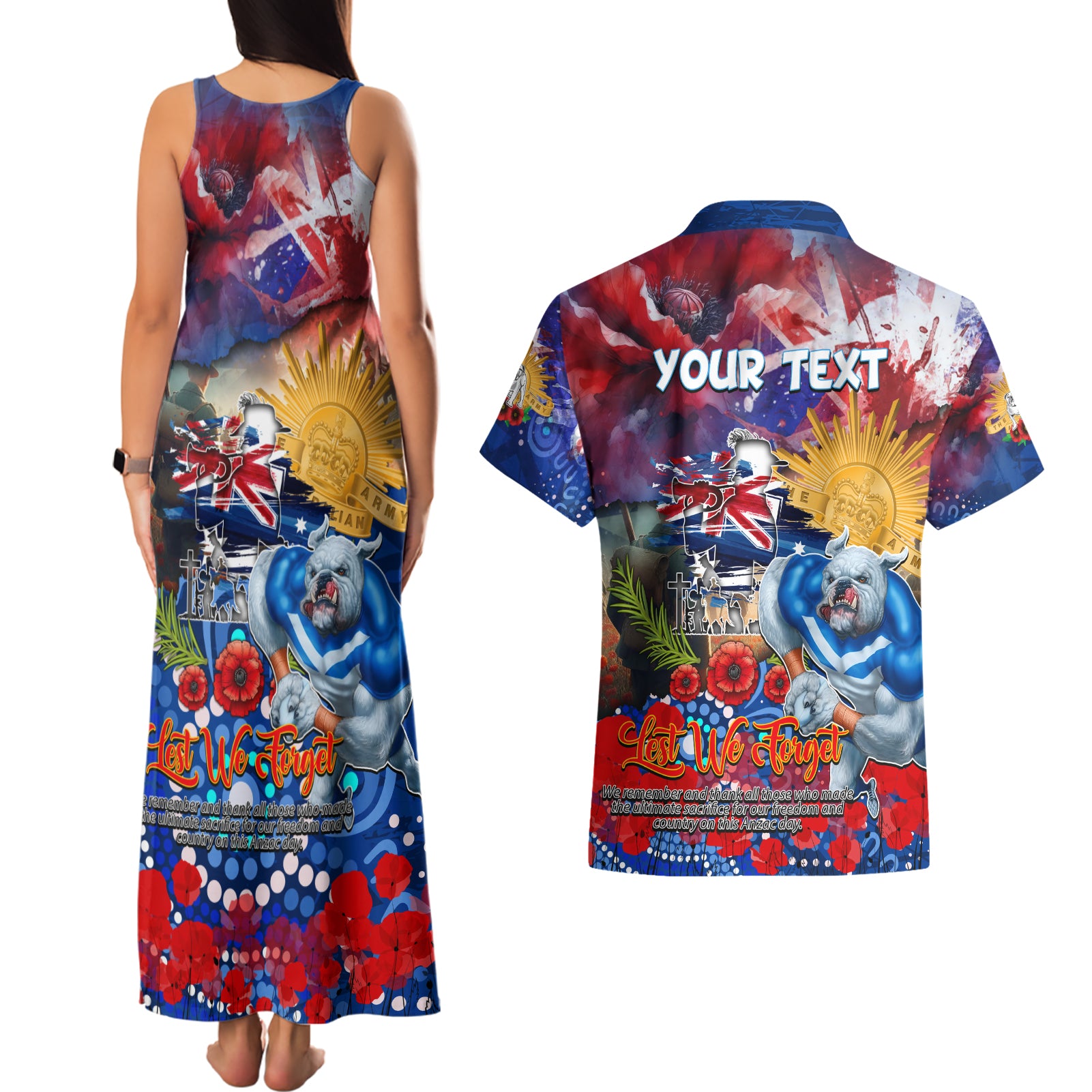 Personalised Australia Rugby Bulldogs ANZAC Couples Matching Tank Maxi Dress and Hawaiian Shirt Canterbury-Bankstown Scratch Style