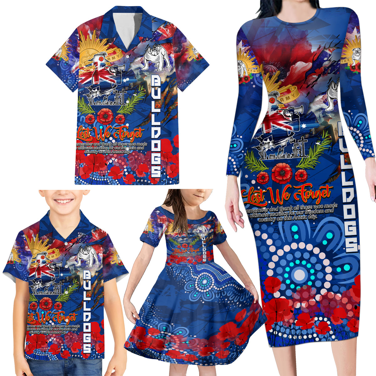 Personalised Australia Rugby Bulldogs ANZAC Family Matching Long Sleeve Bodycon Dress and Hawaiian Shirt Canterbury-Bankstown Scratch Style