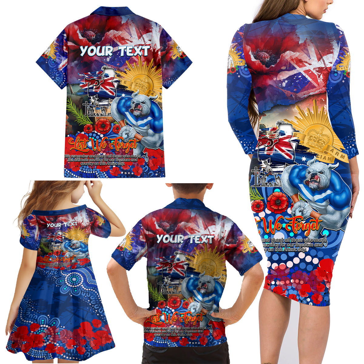 Personalised Australia Rugby Bulldogs ANZAC Family Matching Long Sleeve Bodycon Dress and Hawaiian Shirt Canterbury-Bankstown Scratch Style