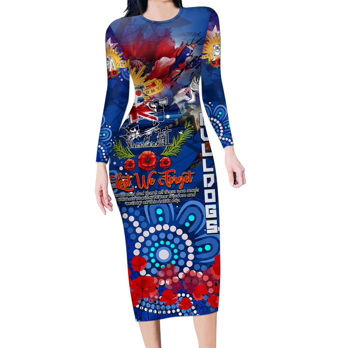 Personalised Australia Rugby Bulldogs ANZAC Family Matching Long Sleeve Bodycon Dress and Hawaiian Shirt Canterbury-Bankstown Scratch Style