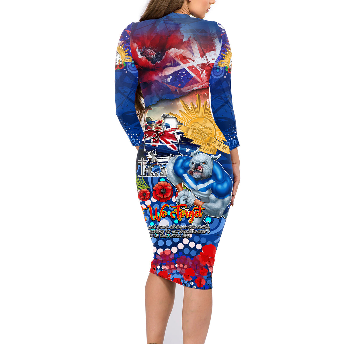 Personalised Australia Rugby Bulldogs ANZAC Family Matching Long Sleeve Bodycon Dress and Hawaiian Shirt Canterbury-Bankstown Scratch Style