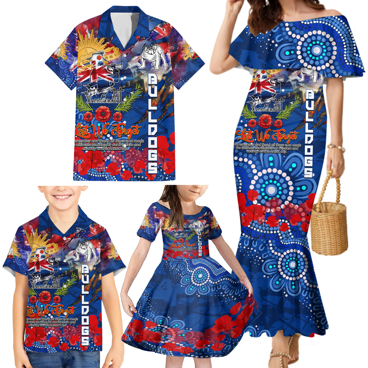 Personalised Australia Rugby Bulldogs ANZAC Family Matching Mermaid Dress and Hawaiian Shirt Canterbury-Bankstown Scratch Style