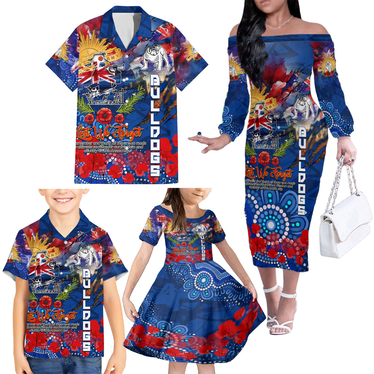 Personalised Australia Rugby Bulldogs ANZAC Family Matching Off The Shoulder Long Sleeve Dress and Hawaiian Shirt Canterbury-Bankstown Scratch Style