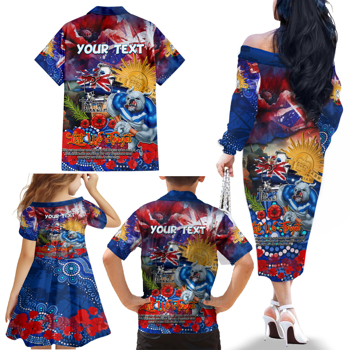 Personalised Australia Rugby Bulldogs ANZAC Family Matching Off The Shoulder Long Sleeve Dress and Hawaiian Shirt Canterbury-Bankstown Scratch Style