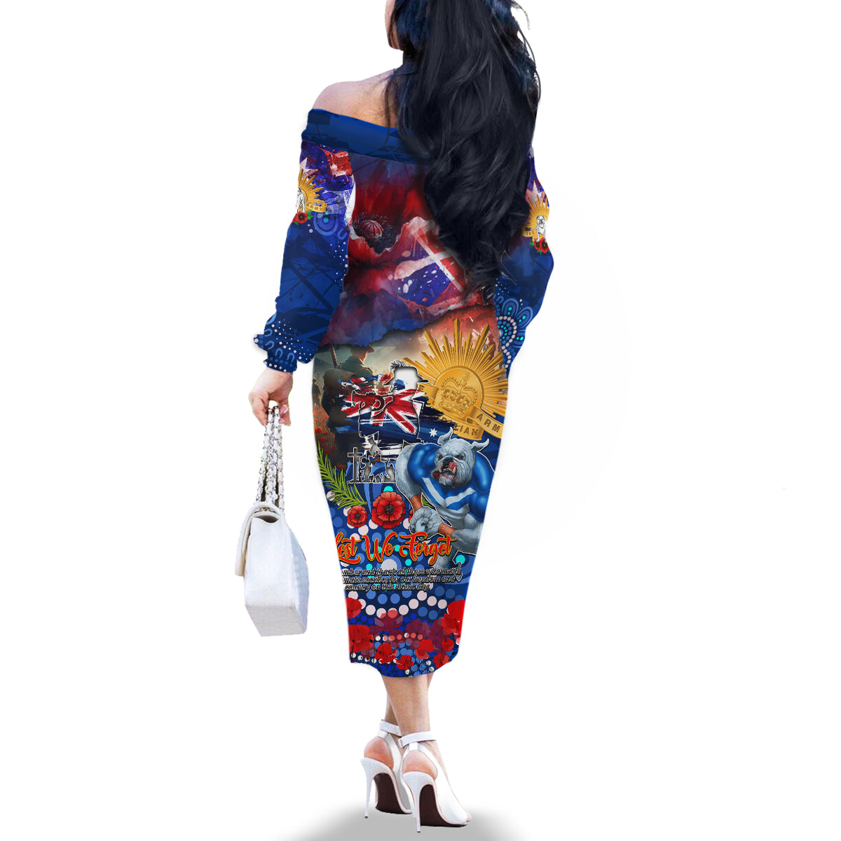 Personalised Australia Rugby Bulldogs ANZAC Family Matching Off The Shoulder Long Sleeve Dress and Hawaiian Shirt Canterbury-Bankstown Scratch Style