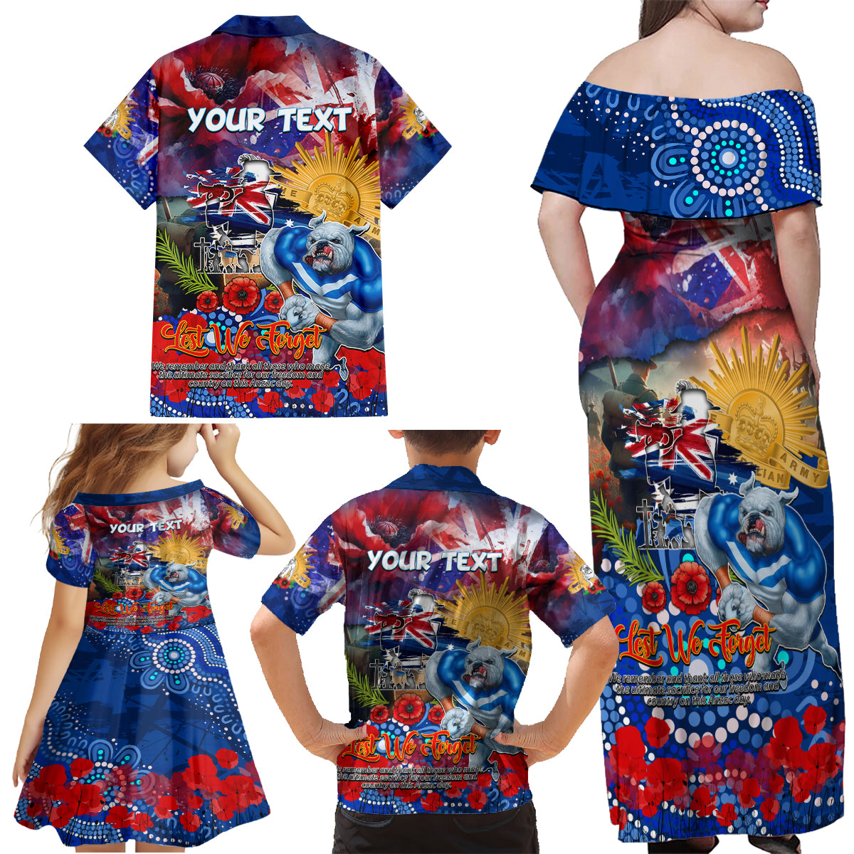 Personalised Australia Rugby Bulldogs ANZAC Family Matching Off Shoulder Maxi Dress and Hawaiian Shirt Canterbury-Bankstown Scratch Style