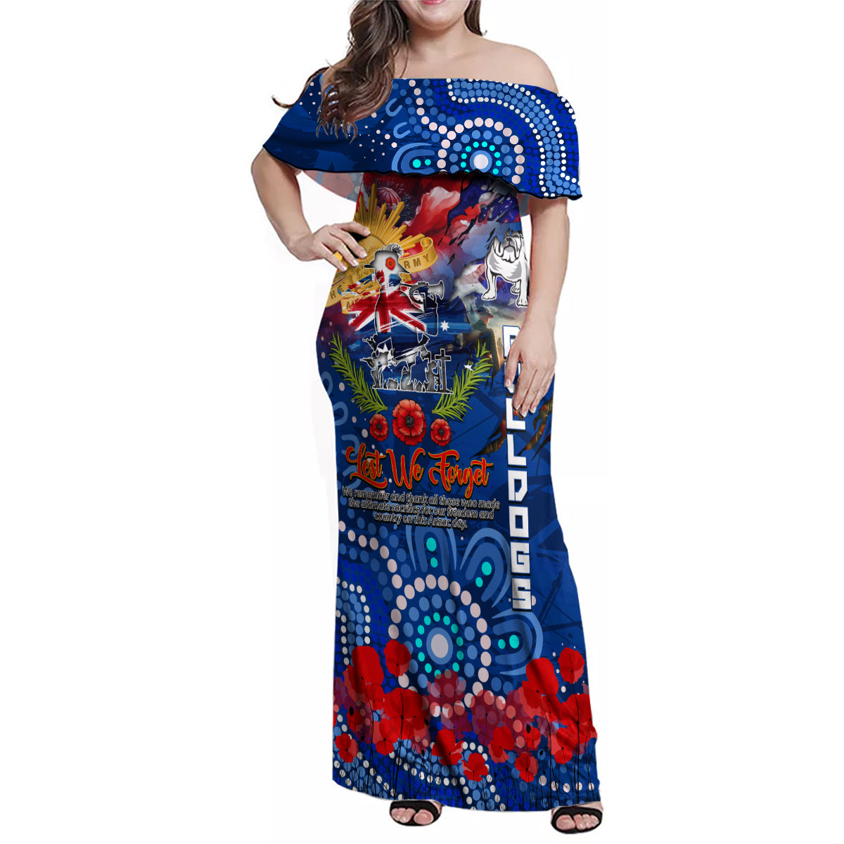 Personalised Australia Rugby Bulldogs ANZAC Family Matching Off Shoulder Maxi Dress and Hawaiian Shirt Canterbury-Bankstown Scratch Style