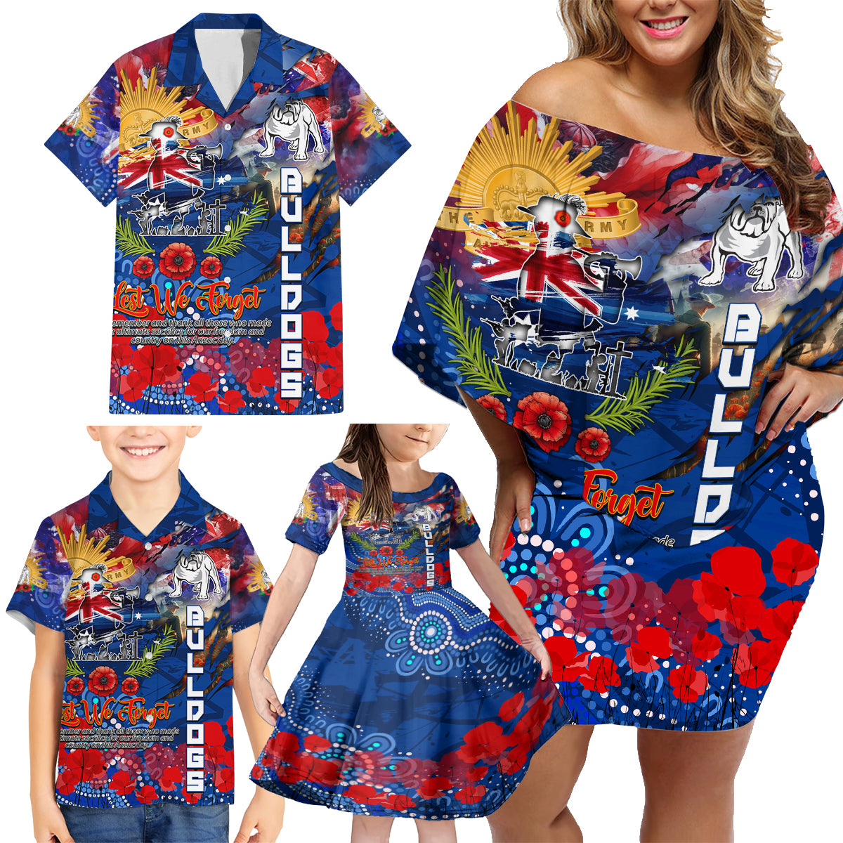 Personalised Australia Rugby Bulldogs ANZAC Family Matching Off Shoulder Short Dress and Hawaiian Shirt Canterbury-Bankstown Scratch Style