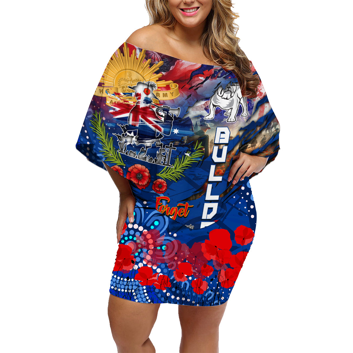 Personalised Australia Rugby Bulldogs ANZAC Family Matching Off Shoulder Short Dress and Hawaiian Shirt Canterbury-Bankstown Scratch Style