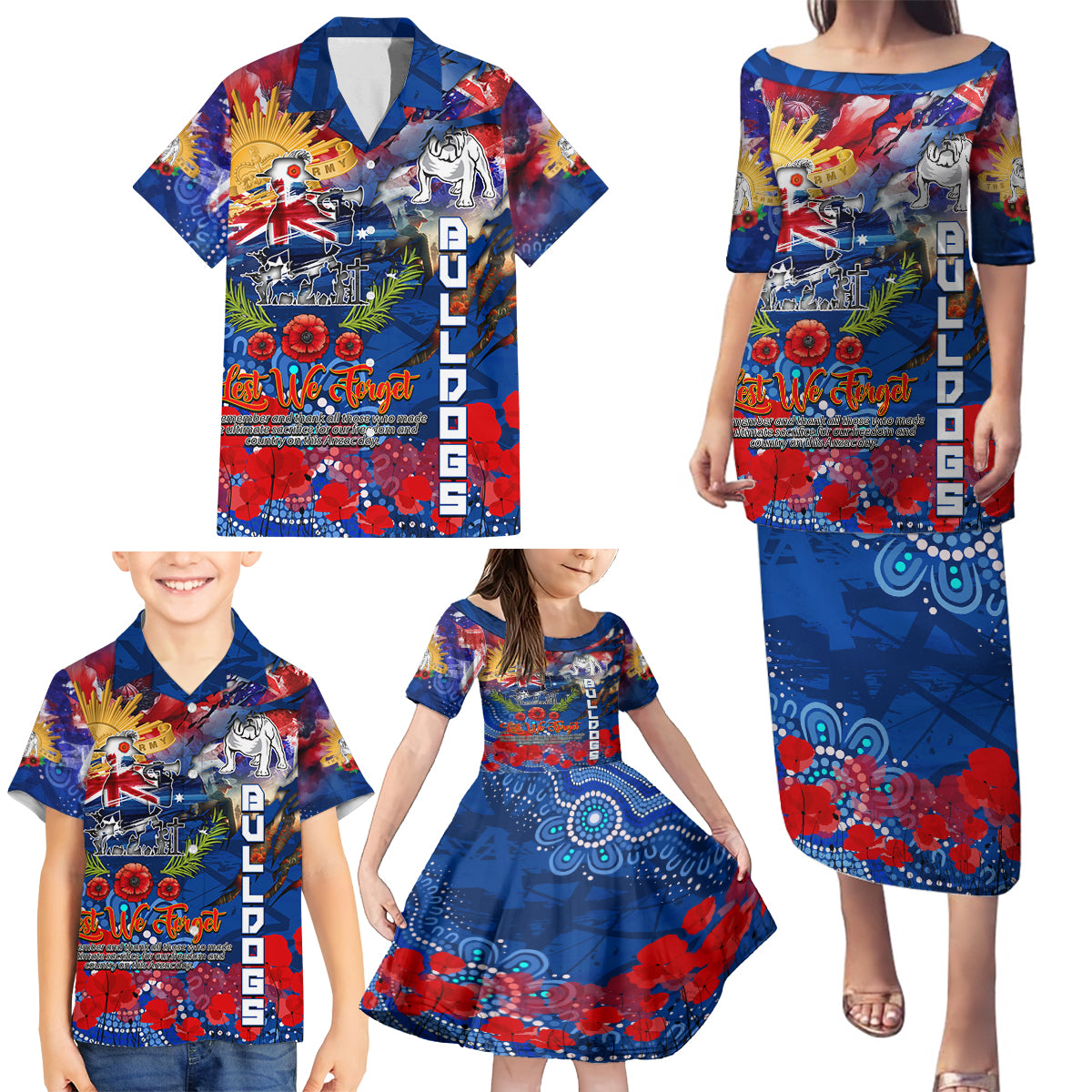 Personalised Australia Rugby Bulldogs ANZAC Family Matching Puletasi and Hawaiian Shirt Canterbury-Bankstown Scratch Style