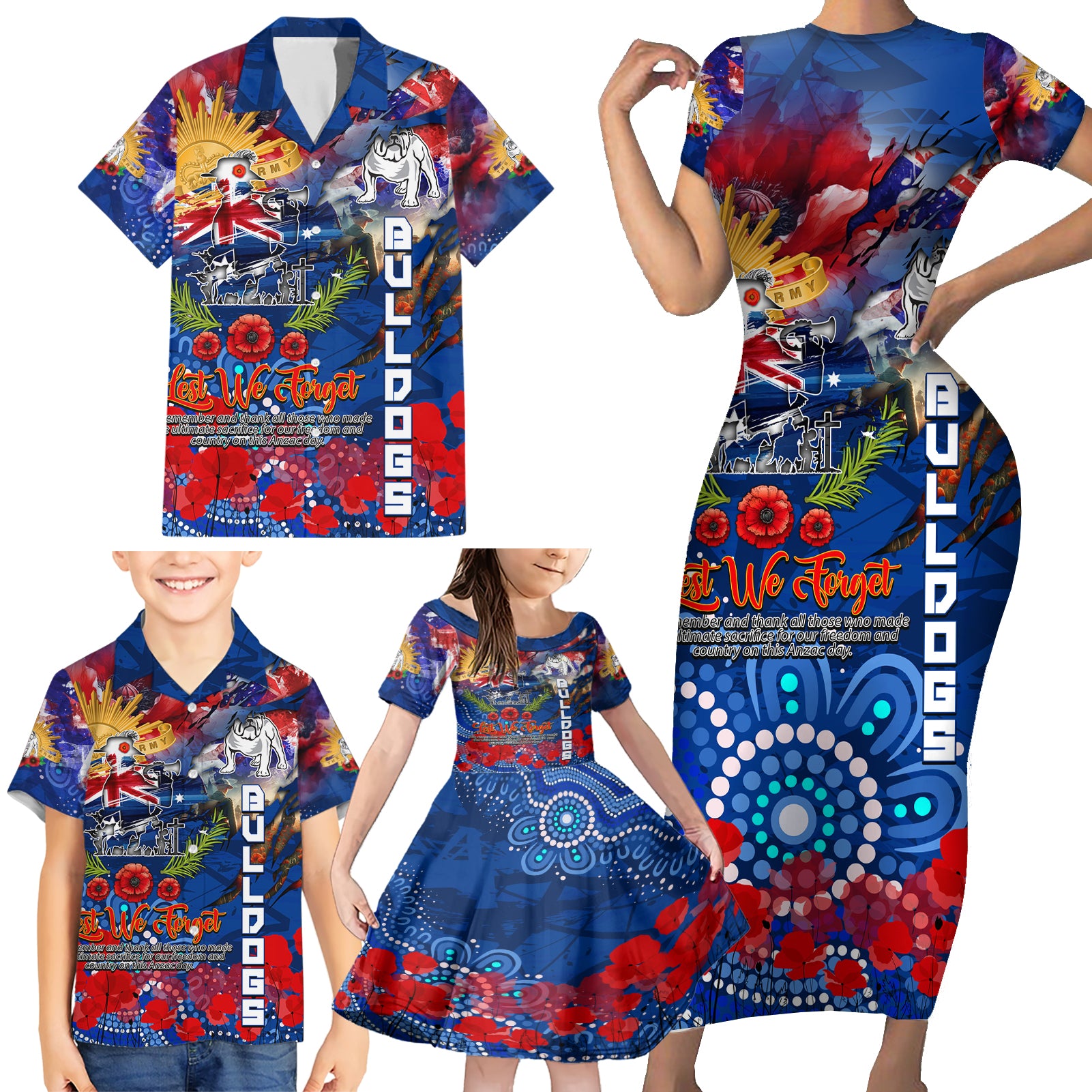 Personalised Australia Rugby Bulldogs ANZAC Family Matching Short Sleeve Bodycon Dress and Hawaiian Shirt Canterbury-Bankstown Scratch Style