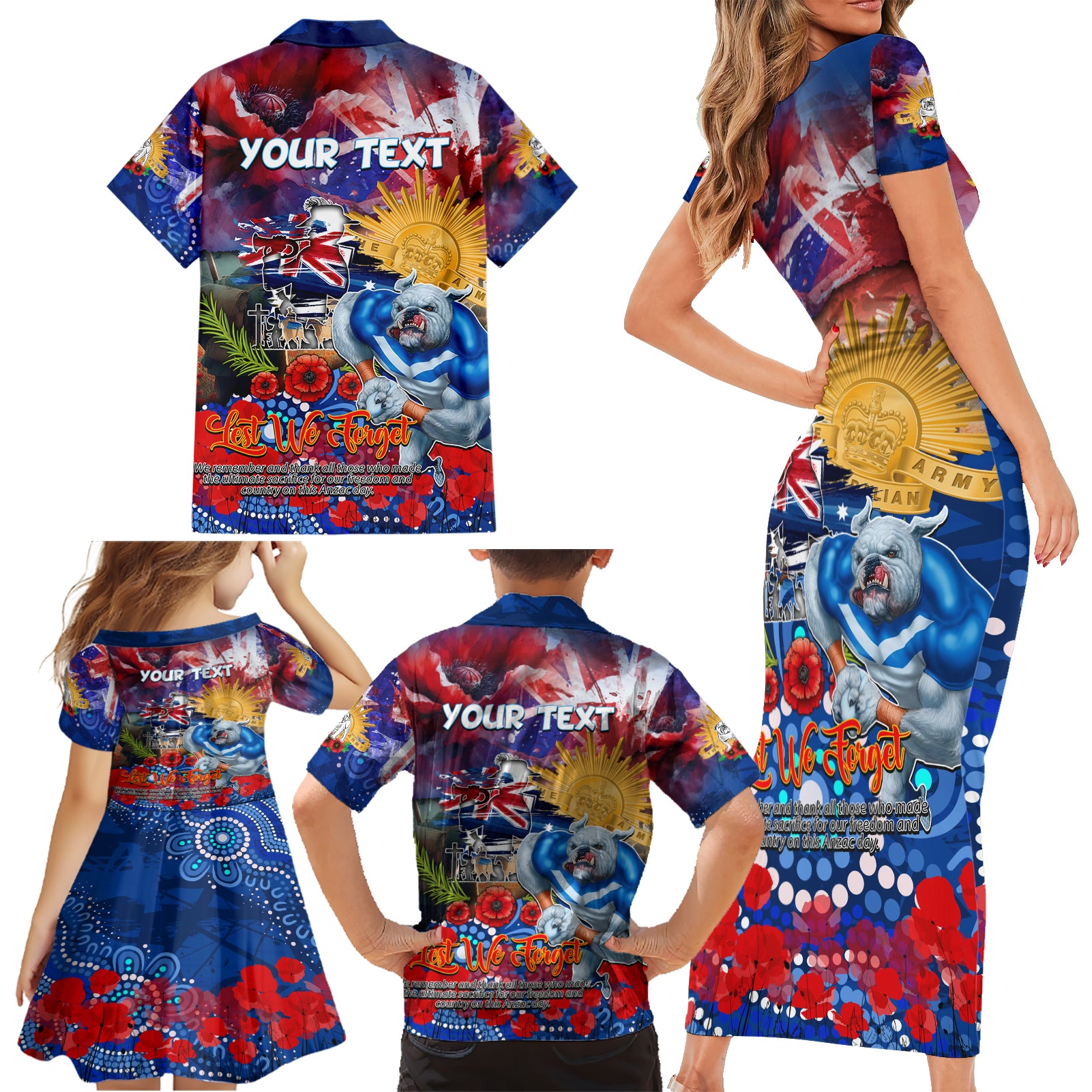 Personalised Australia Rugby Bulldogs ANZAC Family Matching Short Sleeve Bodycon Dress and Hawaiian Shirt Canterbury-Bankstown Scratch Style