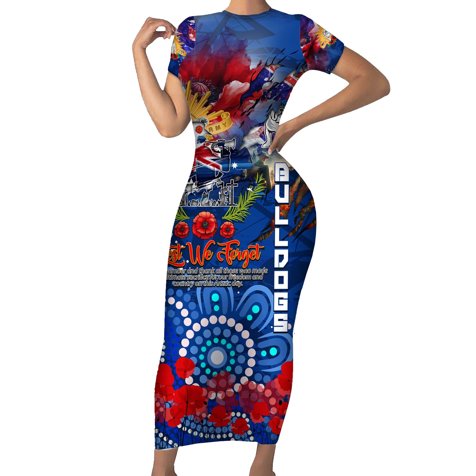 Personalised Australia Rugby Bulldogs ANZAC Family Matching Short Sleeve Bodycon Dress and Hawaiian Shirt Canterbury-Bankstown Scratch Style