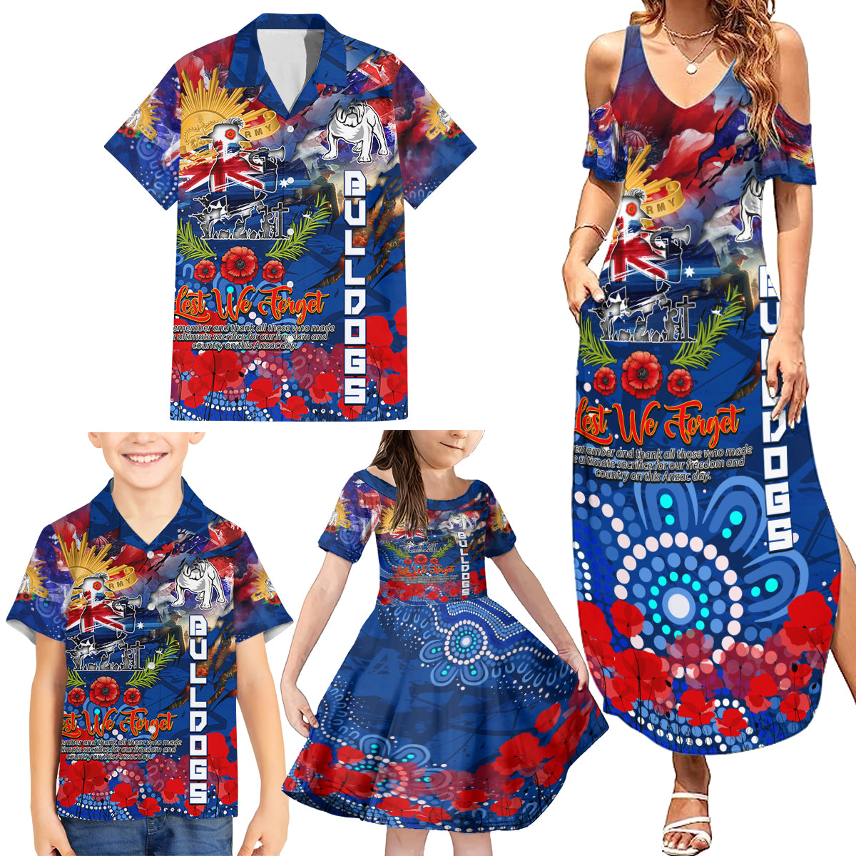 Personalised Australia Rugby Bulldogs ANZAC Family Matching Summer Maxi Dress and Hawaiian Shirt Canterbury-Bankstown Scratch Style